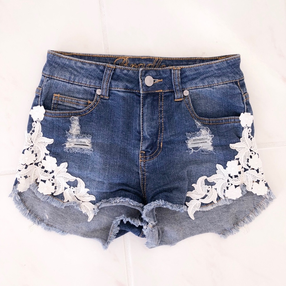 Embroidered Mid Rise Denim Shorts